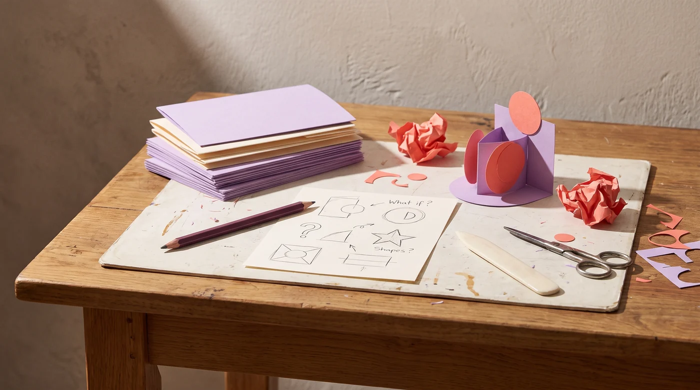 Folded paper forms, cut flowers and lilac card on the studio table.
