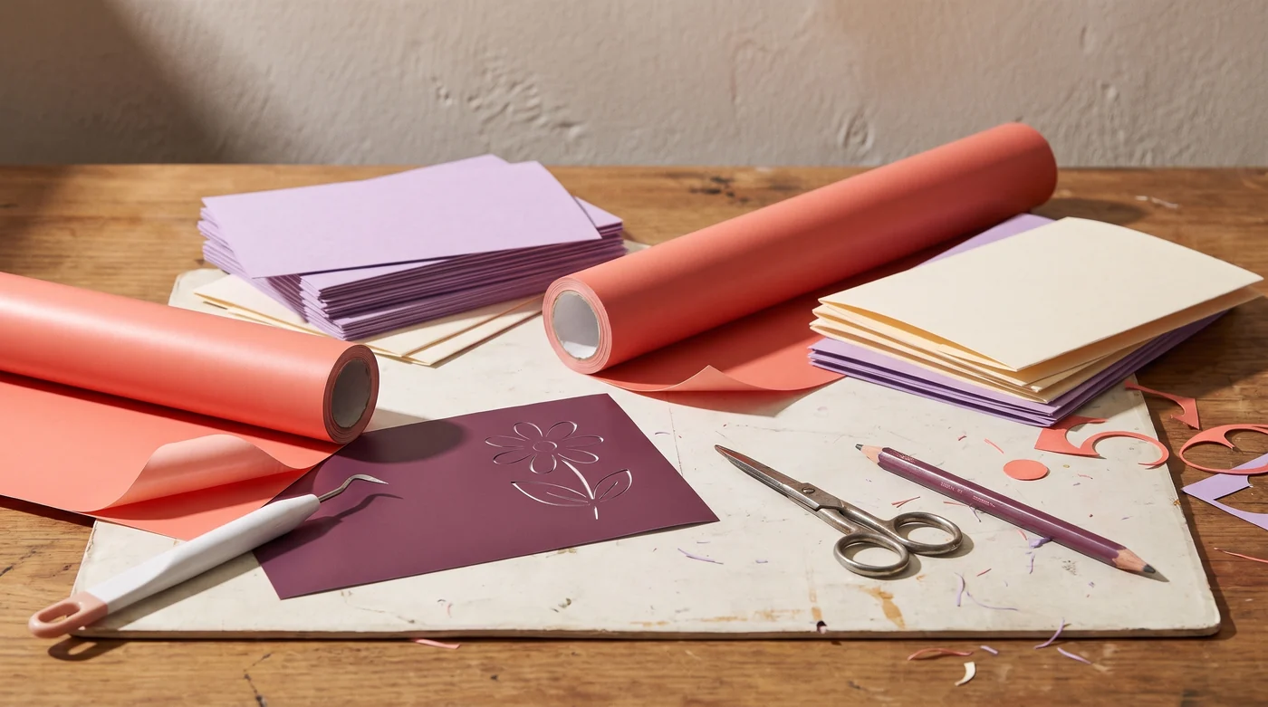 Craft Materials & Techniques Library Vinyl rolls, card stacks and cutting tools on an ivory work mat.