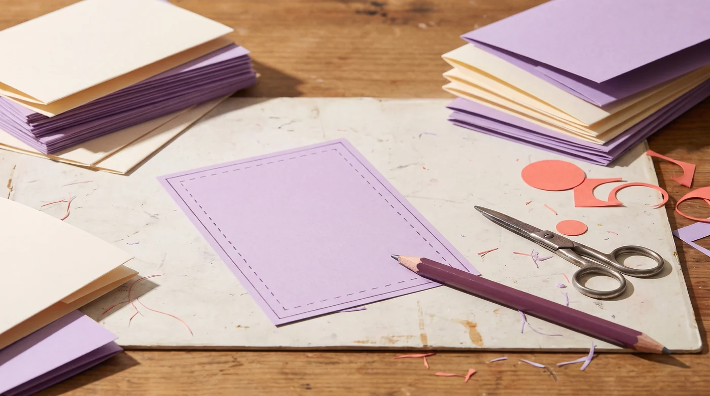Cut size and seam lines: draw both A lilac card panel with a dashed inset line beside card stacks.