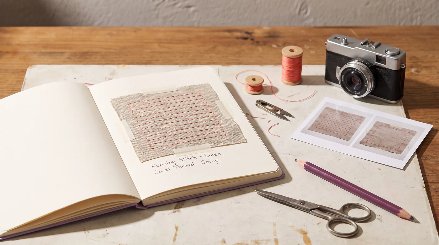 An embroidered linen sample, thread spools and a camera beside a notebook.