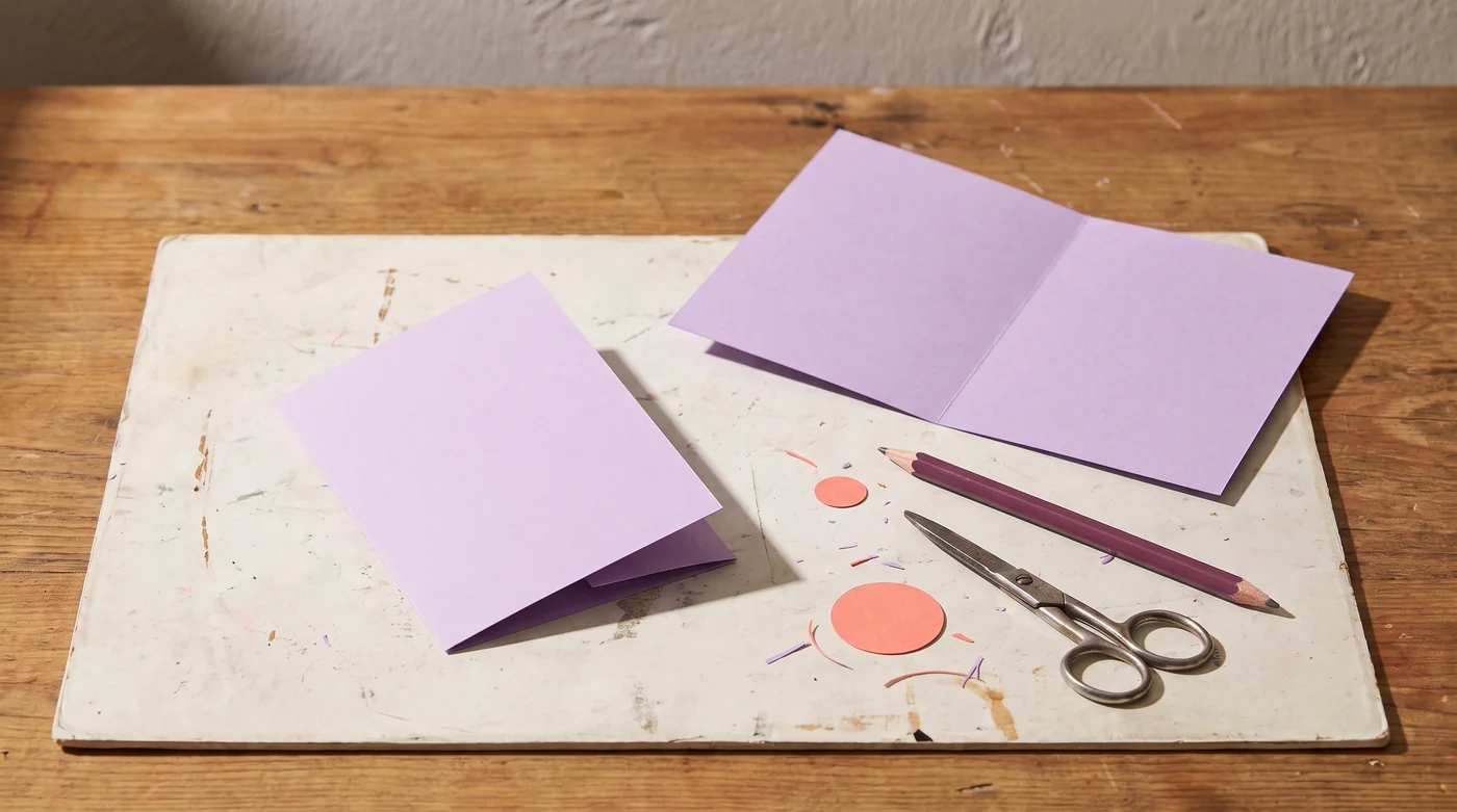 Flat and folded lilac greeting cards beside a pencil and scissors.