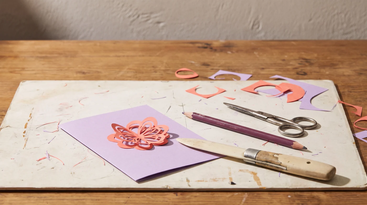 Make the practice piece part of the project A paper practice flower, card offcuts and a craft knife on the studio table.