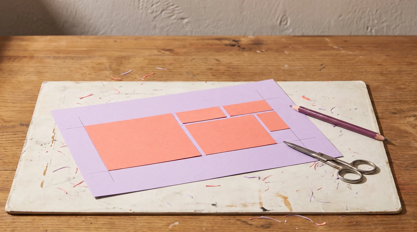 Fit a project onto the sheet you actually have Coral paper rectangles nested on a lilac sheet beside scissors.