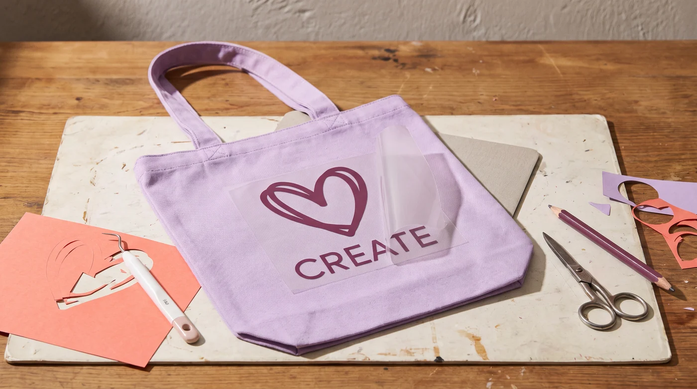 A lilac fabric tote beside vinyl scraps and a weeding tool.