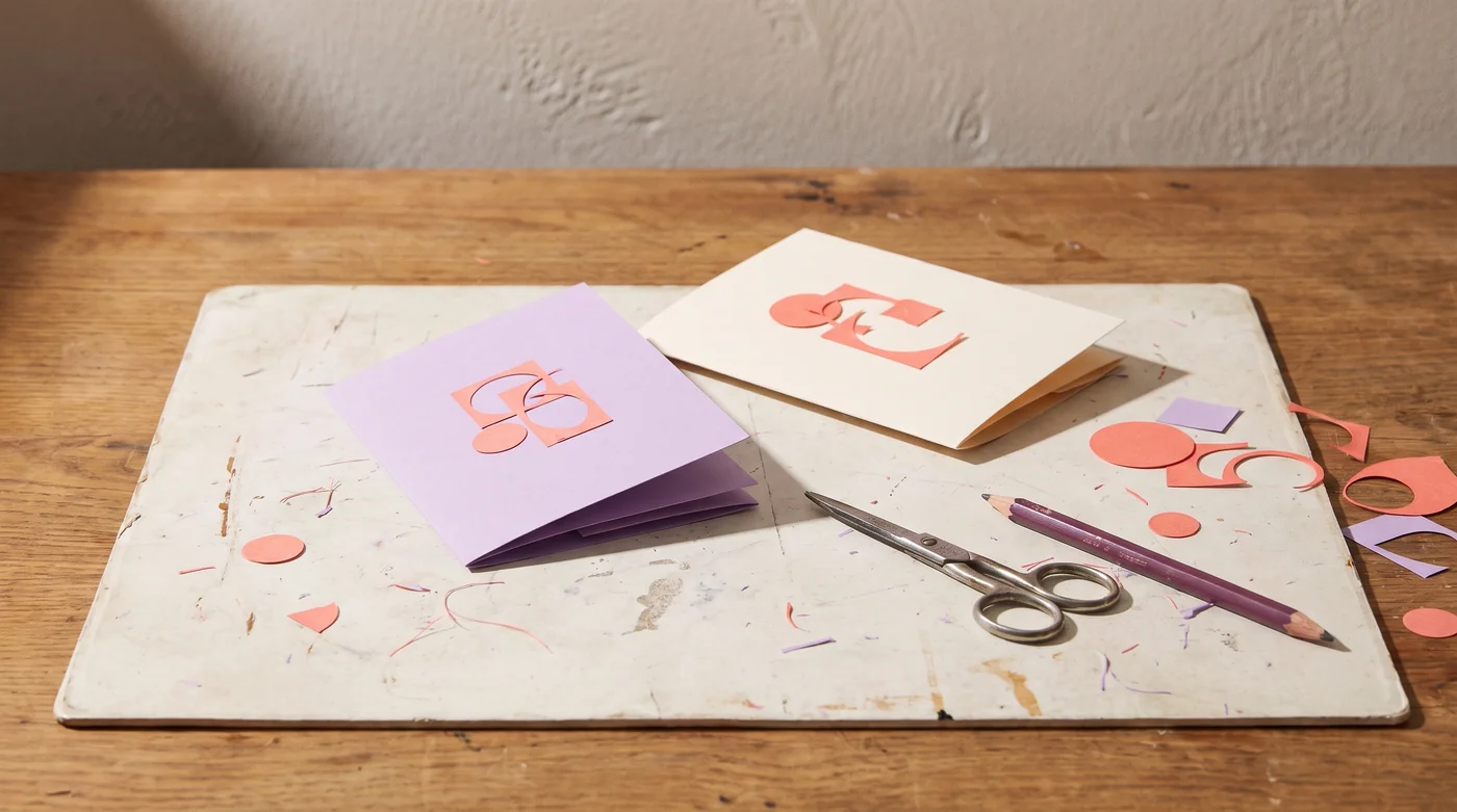 Folded lilac and cream cards with coral cutouts on the familiar ivory craft mat.