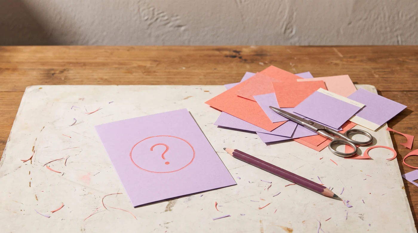 A little help from other makers. Card scraps and a question-mark card on the craft work mat.
